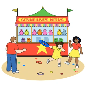 A colorful game stand adorned with bright banners and cheerful decorations. The stand features a variety of stuffed animals as prizes, displayed on shelves in an array of vibrant colors, including pink, blue, and green. A family is engaged in a ring toss game, with the dad standing in front, holding a bright blue ring, preparing to toss it. The mom, with light skin and curly hair, is encouraging their two children, a boy and a girl. The boy, wearing a red t-shirt, grips another ring, while the girl, in a yellow dress, is bouncing with excitement. The game area has a sandy floor with colorful rings scattered around.