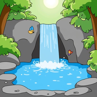 A hidden waterfall with water cascading down from rocky cliffs into a clear, blue pool below. The pool is surrounded by vibrant green foliage and large, leafy plants. Sunlight filters through the trees, creating playful patterns on the water's surface. Smooth stones and pebbles are visible at the bottom of the pool, and small splashes of water rise as the waterfall flows. A few colorful butterflies flutter around the area, adding to the lively atmosphere.