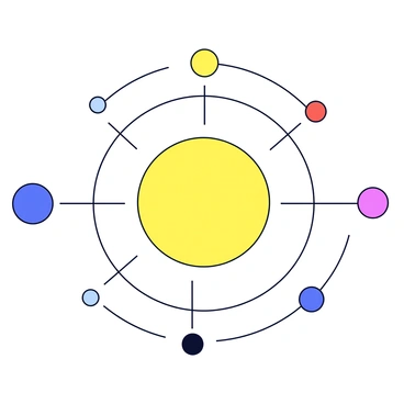 A simple solar system illustration featuring a central yellow circle representing the sun. Surrounding it are several smaller circles in various colors representing the planets. Each planet is connected to the sun by straight lines indicating their orbits. The planets vary in size, with the closest to the sun being the smallest and the farthest being the largest. The orbits are represented by concentric circular lines around the sun.