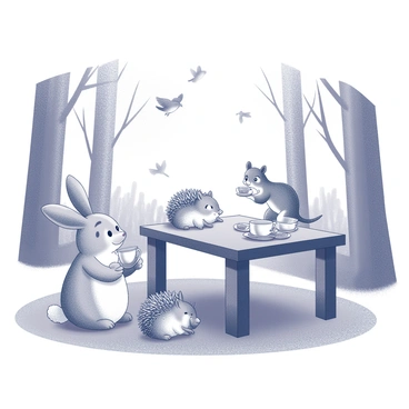 A small wooden table is set in a forest clearing. Various animals are gathered around it. A rabbit with fluffy white fur sits on one side, holding a teacup with its front paws. Across from it, a hedgehog with a spiky back is balancing a tiny plate of cookies. A curious squirrel is perched on the edge of the table, reaching for a teapot with its small paws. Birds are fluttering above, observing the scene. The forest surrounding the table is filled with tall trees and lush greenery, creating a natural canopy overhead.