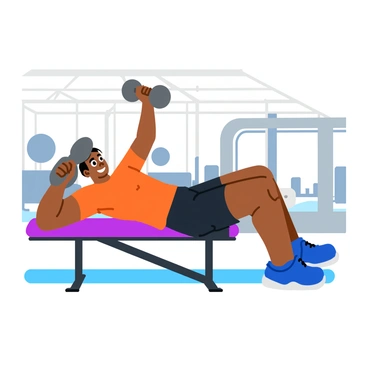 A person lying on a gym bench is performing a dumbbell pullover. The individual has a focused and determined expression on their face, showcasing their concentration. They are gripping a dumbbell with both hands, extending it above their head, while their arms are slightly bent. The gym environment is well-equipped with various exercise machines and weights in the background. The person is wearing a fitted workout shirt and shorts, and their hair is tied back neatly. Bright overhead lights illuminate the scene, emphasizing the effort being exerted.