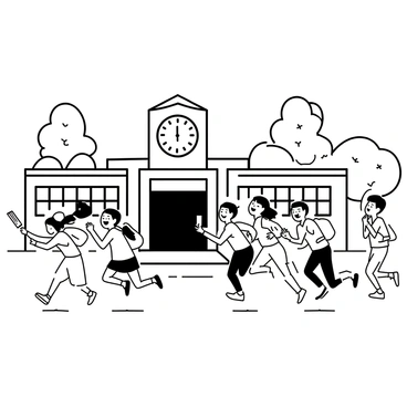 A group of children running out of a school building, with a large clock visible above the entrance showing the time as the bell rings. Some children are laughing and smiling, while others are racing ahead with backpacks bouncing on their backs. The school building has large windows and a brick facade. In the background, there are trees and a clear sky indicating a sunny afternoon. A few children are holding lunch boxes and others are chatting excitedly as they leave the school grounds.