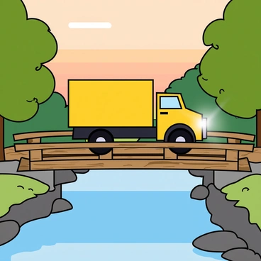 A bright yellow truck with a boxy shape is driving across a narrow wooden bridge. The bridge is made of weathered wood and features simple railings on either side. Below the bridge, a calm river reflects the soft colors of dawn, with hints of orange and pink in the sky. The surrounding area is filled with green trees that frame the scene, and a few small rocks are visible along the riverbank. The truck's headlights are on, illuminating the path ahead, while the early morning light casts long shadows on the bridge.