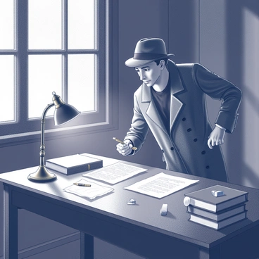 A detective dressed in a classic trench coat and fedora stands at a wooden desk in a dimly lit study. Shadows dance across the walls, highlighting the intricate details of the room. The detective is examining a paper with notes and a magnifying glass in hand. A vintage globe and a stack of leather-bound books are positioned nearby, adding to the scholarly ambiance. A soft glow from a brass desk lamp illuminates the surface, featuring scattered clues and an old-fashioned ink pen. The detective's expression is focused and contemplative as he pieces together the mystery.