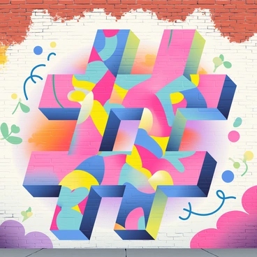 A vibrant street mural features a large, intricate hashtag that dominates the scene. The hashtag is composed of multicolored geometric patterns in bright shades of pink, blue, and yellow. Surrounding the hashtag are various artistic elements including stylized flowers and swirling lines that enhance the dynamic feel of the mural. In the background, there are splashes of color resembling a sunset, with orange and purple hues blending seamlessly. The mural is painted on a brick wall, with some bricks showing through in places, adding texture to the overall composition.