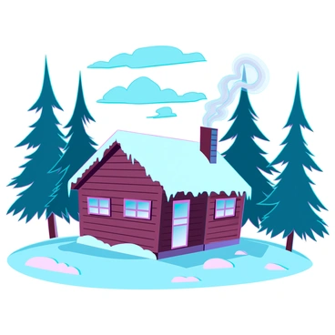 A cozy wooden cabin nestled among tall pine trees, covered with a thick layer of snow. The roof is dusted white, and icicles hang from the edges. Smoke is gently rising from the chimney, creating a wispy trail in the crisp winter air. The ground around the cabin is blanketed in fresh snow, with soft footprints leading to the door. In the background, snow-covered trees create a serene woodland atmosphere, while patches of blue sky peek through the clouds above.