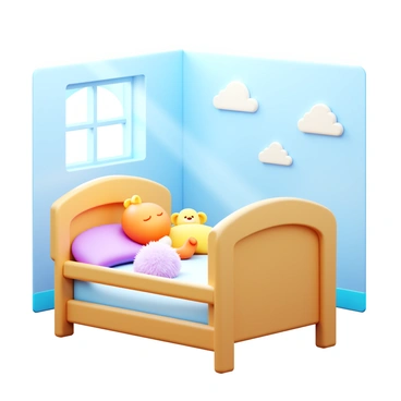 A baby sleeping soundly in a crib with soft, pastel-colored bedding. The crib is made of light wood, featuring gentle curves and smooth edges. A small, fluffy teddy bear is nestled beside the baby. Delicate sunlight filters through a nearby window, creating a warm and calming glow in the room. The walls are painted a soft blue, adorned with subtle cloud patterns. A serene atmosphere surrounds the sleeping baby.