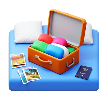 A packed suitcase open on a bed with various clothing items peeking out. Brightly colored travel brochures are scattered around the suitcase, displaying popular tourist destinations. A closed passport lies next to the suitcase, showing a distinct cover design. The bed has a neatly made blanket with a subtle pattern, and a room with a cozy atmosphere can be implied in the background.