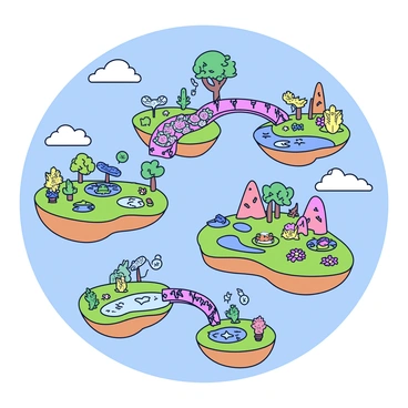 A collection of floating islands suspended in a bright blue sky. Each island is a distinct shape and size, covered with lush greenery, colorful flowers, and different types of trees. Vine-covered bridges connect the islands, with thick vines draping gracefully from the structures. The islands host unique ecosystems, with one island featuring small ponds inhabited by frogs and lily pads, another showcasing vibrant tropical plants, and a third having rocky terrain with cacti. Soft clouds drift in the background, adding depth to the scene.