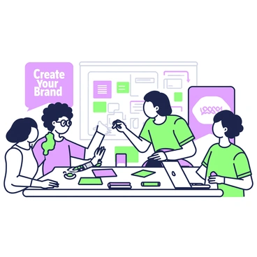 A workshop scene featuring several participants engaged in creating logos and branding elements for new products. In the center, a large table is covered with various colored paper, markers, and design tools. A participant with curly hair is sketching a logo design on a notepad, while another participant wearing glasses is using a laptop to research branding ideas. To the side, a poster displays a large logo design that reads "Create Your Brand." The atmosphere is lively, with participants discussing ideas and exchanging materials. In the background, a whiteboard is filled with brainstorming notes and colorful sketches.