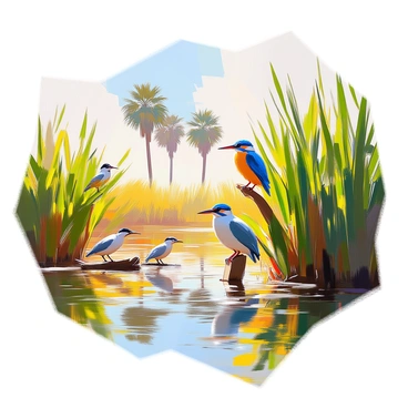 A dense papyrus swamp along the Nile River features towering green reeds swaying gently in the breeze. Sunlight filters through the foliage, casting dappled light on the water's surface. Several exotic birds with vibrant plumage are perched atop the reeds, including a brilliant blue kingfisher and a striking yellow heron. The scene is rich with lush greenery, and the tranquil water reflects the surrounding flora. In the distance, the silhouette of palm trees stands against the sky, completing the serene landscape.