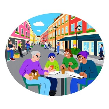 A group of urban sketchers is seated at a charming outdoor café on a sunny Lancaster street. Each artist is focused on their sketchbooks, capturing the vibrant architecture of the surrounding historic buildings. One sketcher, an older woman with glasses, is drawing the intricate details of a brick façade, while a young man with a beanie is sketching a lively street performer. Nearby, a child watches curiously as a middle-aged woman captures the colorful flower boxes adorning the windows. In the background, pedestrians stroll by, and a bicycle leans against a lamppost. The atmosphere is filled with creativity and inspiration, as the sketchers bring the lively scene to life on their pages.