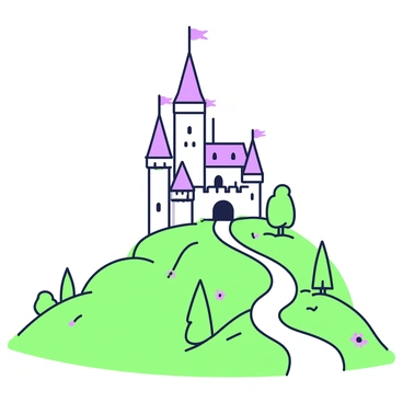 A fairy tale castle is perched atop a hill, surrounded by rolling green landscapes. The castle has multiple tall towers with pointed roofs and intricate architectural details. Flags are fluttering in the breeze from the highest points of the towers, each flag features elaborate designs. The hill slopes gently downwards, dotted with small trees and wildflowers. In the foreground, there is a winding path leading up to the castle, inviting visitors to explore its grandeur. The sky is clear, providing a bright backdrop to this enchanting scene.