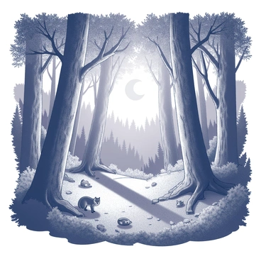 A dense forest scene filled with towering trees and underbrush. The trees display intricate bark textures, with their branches stretching overhead, casting shadows on the forest floor. The ground is covered with leaves and twigs, creating a varied surface. A crescent moon is visible through the branches, illuminating parts of the scene with soft light. Small animals such as a fox and an owl can be seen nestled among the vegetation, adding a sense of life to the composition. The overall scene conveys a sense of depth and rich detail through the interplay of light and dark.