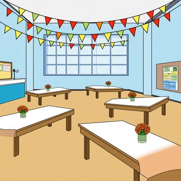 The interior of a community center features colorful walls painted in light blue. Strands of bright and cheerful bunting hang from the ceiling, with triangular flags in a variety of colors such as red, yellow, and green. Wooden tables are arranged throughout the space, topped with simple white tablecloths and centerpieces of small vases filled with bright flowers. A bulletin board on one wall showcases colorful flyers for upcoming events. Large windows let in natural light, illuminating the room and creating a warm and welcoming atmosphere. A small stage area is located at the front, decorated with more bunting and a microphone stand ready for speakers.