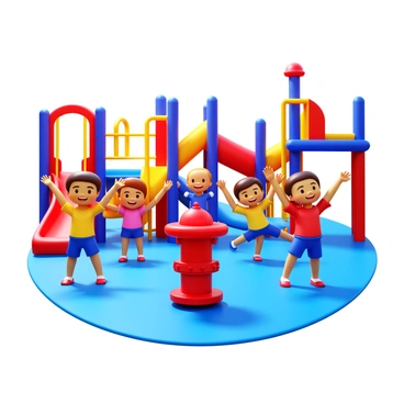 Children imitating fire hydrant exercises while playing on a colorful playground