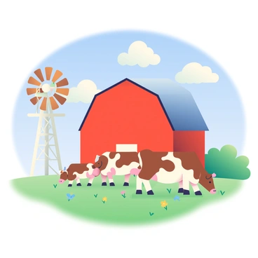 A vintage farm scene is depicted with a bright red barn standing prominently in the background. In front of the barn, several brown and white cows are grazing peacefully in a green pasture. On the left side of the scene, a tall white windmill with wooden blades quietly spins in the gentle breeze under the bright blue sky. Fluffy white clouds drift lazily above, enhancing the tranquil atmosphere of this rural setting. The grass is lush and vibrant, dotted with small wildflowers adding touches of color to the landscape.