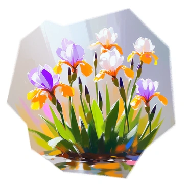 A vibrant garden filled with blooming iris flowers, showcasing a variety of colors including deep purple, bright yellow, and soft white. Each iris stands tall, their petals delicately shaped. The flowers are adorned with crystal-like raindrops that glisten as they catch the light during a gentle shower. The background features lush green foliage, which enhances the vivid colors of the irises, and a soft mist in the air adds a sense of freshness to the scene. The ground is sprinkled with small puddles reflecting the hues of the flowers above.