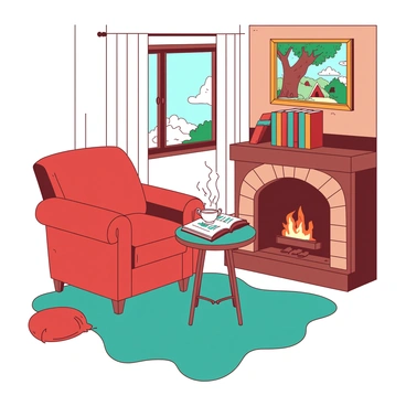 A red armchair is positioned in a corner of a cozy living room, with a small round teal side table beside it. On the table, there is a steaming cup of tea and an open storybook with colorful illustrations. A plush teal rug covers the wooden floor, and a nearby bookshelf is filled with neatly arranged fairy tale books. A window with white curtains lets in warm light, illuminating a whimsical fairy tale scene painted on the wall. In front of the fireplace, there is a small orange decorative pillow that adds a touch of comfort.