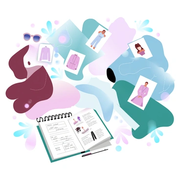 A collection of fabric swatches in various textures including velvet, silk, and denim is arranged on a flat surface. The fabrics showcase a diverse palette of colors like deep burgundy, pastel pink, and rich emerald green. Scattered among the swatches are magazine cutouts featuring clothing designs, accessories, and stylish outfits, each encapsulating different fashion trends. Additionally, there are images of nature elements like leaves and flowers, providing an organic contrast to the textiles. A small sketchbook lies open nearby, showcasing hand-drawn fashion illustrations and notes on design ideas.