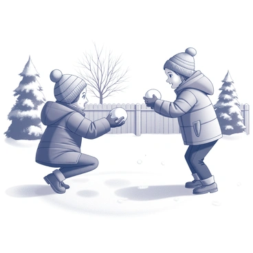 Two sisters are engaged in a snowball fight in a snowy backyard. Each sister is wearing winter clothing, including puffy jackets and knitted hats. One sister is crouched down, preparing a snowball, while the other is standing with an excited expression, ready to throw her snowball. The ground is covered in a thick blanket of snow, and there are snow-covered trees and a fence in the background. Snowflakes are falling gently from the sky, adding to the wintery atmosphere.