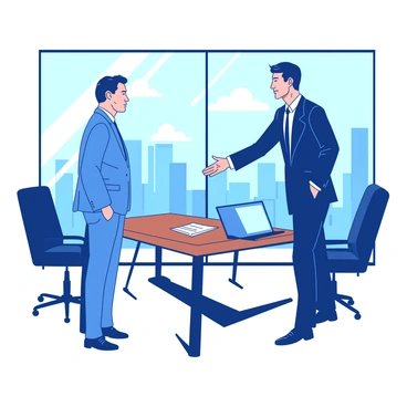 Two business partners are standing face to face in a modern office. One partner, dressed in a sharp blue suit, is extending his hand for a handshake. The other partner, wearing a sleek black suit, has a confident expression and is reaching out to shake hands. In the background, there is a large glass window revealing a city skyline. A wooden conference table with a few documents and a laptop sits between them. The office is well-lit, creating a professional atmosphere.