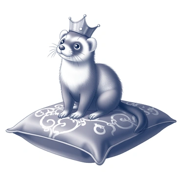 A small ferret is sitting atop a plush velvet cushion, its fur detailed in texture. The ferret is wearing a tiny crown, which sits snugly on its head, showcasing intricate patterns and small jewels. The cushion is richly embellished with ornate designs, creating a luxurious appearance. The ferret looks inquisitive, its bright eyes sparkling with curiosity as it surveys the area around it.