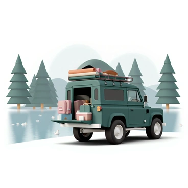 A 4x4 vehicle, painted in a deep green color, is parked on the shore of a lake surrounded by tall pine trees. The roof rack is loaded with camping gear, including a large tent, a sleeping bag, and several rolled-up camping mats. The back of the vehicle is open, showcasing backpacks, a cooler, and fishing rods. The calm water of the lake reflects the trees and sky, while a few ducks can be seen swimming nearby. The scene captures a sense of adventure and readiness for outdoor activities.