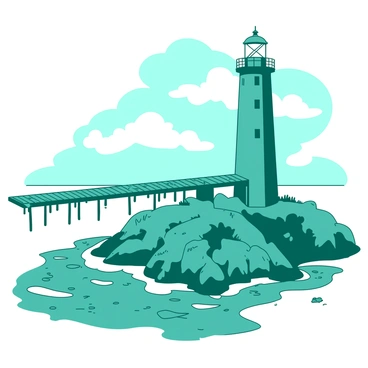 A lighthouse connected to the mainland by a long, narrow bridge