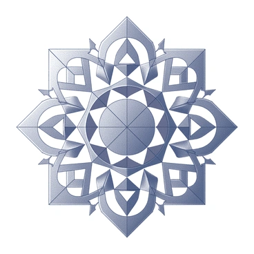 A mandala featuring a complex arrangement of precise geometric shapes and lines. The design includes a series of concentric circles, each filled with intricate patterns made up of triangles, squares, and hexagons. Radiating from the center, there are symmetrical elements created from finely drawn lines that interconnect and form a harmonious pattern. The overall composition conveys a sense of balance with its meticulous attention to detail in every geometric form.