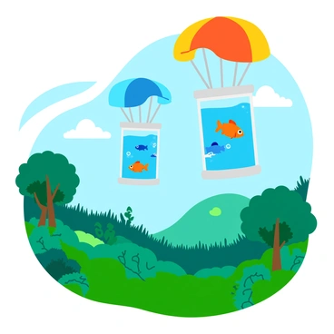 A group of colorful fish is descending gently inside clear water tanks. Each tank is suspended from a brightly colored parachute that billows softly in the air. The fish swim serenely within the tanks, showcasing vibrant scales in shades of orange, blue, and yellow. Below, a lush green forest stretches out, with various trees, ferns, and patches of sunlight filtering through the leaves. The scene captures a whimsical and lively atmosphere as the tanks float gracefully towards the forest.