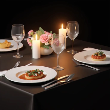 A candlelit dinner table set for two, featuring a polished dark wooden tablecloth. Each place setting includes a pristine white plate and sparkling crystal wine glasses. The table is adorned with elegant silverware, including a knife and fork placed neatly beside each plate. Soft, flickering candlelight creates a warm glow, illuminating a selection of gourmet food, including a beautifully presented dish with vibrant vegetables and a rich sauce. Delicate floral centerpieces add a touch of romance to the setting.