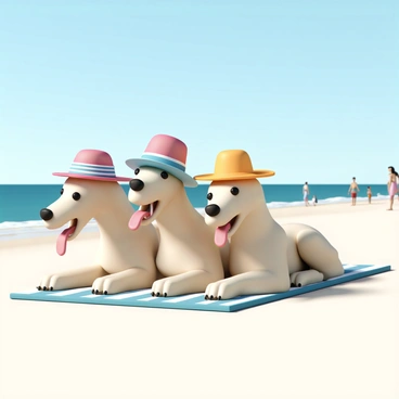 A three-headed Cerberus relaxing on a sandy beach under a clear blue sky. Each head is adorned with a different colored sun hat; one head wears a bright red hat, another has a blue striped hat, and the third sports a yellow fedora. The Cerberus is lying on a beach towel, with its large paws stretched out and its tongues happily hanging out. In the background, gentle waves lap at the shore, and a few beachgoers can be seen in the distance, enjoying the sunny day.
