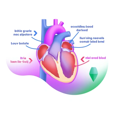 A detailed illustration of the "human heart" showcasing its various parts, including the "atria," "ventricles," "valves," and "major blood vessels." Each part is labeled clearly in a readable font. Blue and red arrows are integrated into the design to indicate "blood flow," with blue arrows representing deoxygenated blood and red arrows showing oxygenated blood. The heart is depicted in a slightly angled view to provide depth and perspective. The background is a soft pastel color to enhance the overall presentation of the illustration.