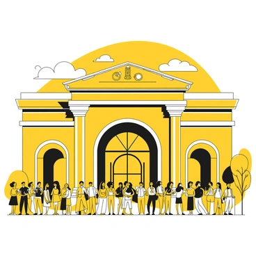 A large, imposing museum building with grand architectural features, including tall columns and intricate designs. The entrance is wide and framed by elaborate doorways. A crowd of visitors is lined up outside, some holding tickets. The people in the line display a variety of expressions, from excitement to impatience. The sky above is overcast, adding a slightly dramatic atmosphere to the scene.
