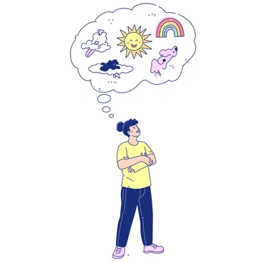 A person is standing with their arms crossed, gazing into the distance. Above their head, there is a large thought bubble filled with various small, happy images. Inside the bubble, there are illustrations of a laughing sun, a playful puppy, and a colorful rainbow. The person has a content expression on their face, reflecting the positive imagery in the thought bubble. The background is minimal, focusing attention on the person and the vibrant thought bubble.