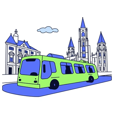 An electric bus with a sleek, modern design in a vibrant green color. The bus has large windows showcasing its spacious interior. It is driving down a cobblestone street lined with historic buildings featuring intricate architectural details. In the background, two famous landmarks are visible: a tall, ornate cathedral with stained glass windows and a grand palace with large columns and statues adorning the facade. The sky is clear, and a few fluffy clouds drift above the scene.