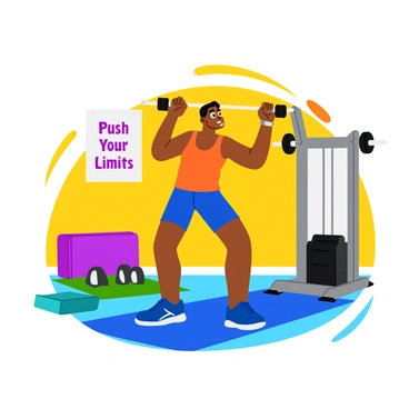 A person with a fit physique is performing cable crunch repetitions in a home gym studio. They appear focused and determined, with beads of sweat on their forehead. The individual is wearing a bright-colored tank top and athletic shorts, demonstrating intensity in their workout. The cable machine is visible in the background, equipped with weights. Various gym equipment like dumbbells and a yoga mat are neatly arranged around the room. A motivational poster is hanging on the wall, featuring the phrase "Push Your Limits" in bold letters. The lighting in the studio is bright, creating a lively atmosphere that emphasizes the celebratory moment.