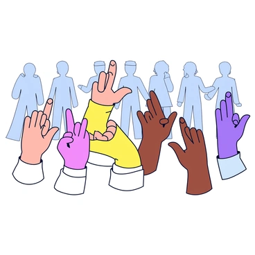 An illustration featuring several hands making different sign language gestures. Each hand is depicted clearly to show the specific gestures, with details like the positioning of fingers and the orientation of the palm. In the background, there are human silhouettes that represent a diverse group of people, each in a neutral pose. The silhouettes are simple and do not distract from the hands in the foreground. The colors used for the hands are bright and contrasting against the muted tones of the silhouettes.