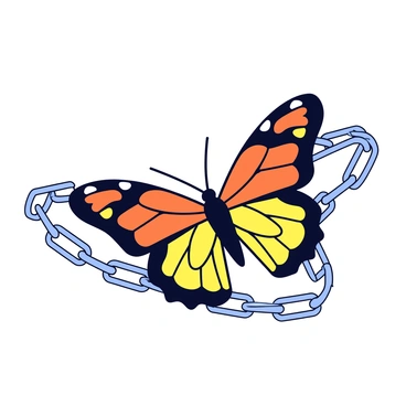 A butterfly with vibrant orange and black wings is depicted in the center of the image. Its wings are open wide, showcasing intricate patterns. Chains are tightly wrapped around the butterfly's body, connecting it to the ground. The chains are metallic with a shiny finish, contrasting with the delicate nature of the butterfly. The background is a simple, light color to emphasize the butterfly and the chains.