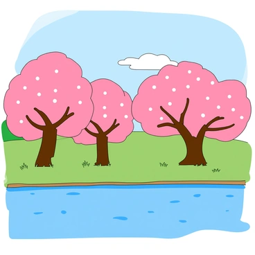 A landscape featuring vibrant cherry blossom trees in full bloom, their pink flowers creating a stunning visual effect. The trees are positioned along the gentle banks of the Ganges River, with the water reflecting the bright colors of the blossoms. The scene includes a clear blue sky overhead, with a few fluffy white clouds scattered. Small patches of green grass can be seen near the water's edge, adding to the springtime atmosphere. Gentle ripples in the river convey a sense of movement, enhancing the tranquil setting.