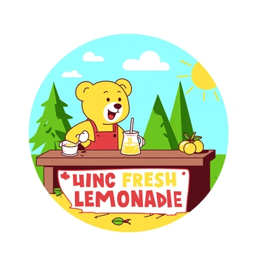A yellow cartoon bear wearing a small red apron is standing behind a lemonade stand. The stand is brightly decorated with colorful signs that read "Fresh Lemonade" in bold letters. The bear has a wide smile and is pouring lemonade into a clear cup with a straw. On the counter of the stand, there are several lemons and a pitcher filled with lemonade. In the background, there are green trees and a bright sun shining in a blue sky, enhancing the warm summer day atmosphere.