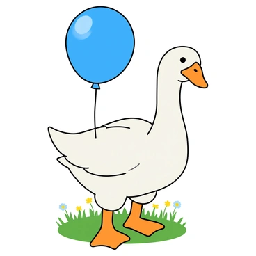 A cheerful goose with glossy white feathers and a bright orange beak is standing on a green patch of grass. The goose is holding a large bright blue balloon securely in its beak. The balloon is round and shiny, reflecting light. The goose's eyes are wide and expressive, conveying a sense of joy. Around the goose, there are a few small daisies blooming in the grass, adding a touch of color to the scene. The sky above is clear and blue, enhancing the playful atmosphere.
