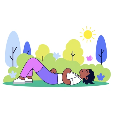 A person performing glute bridges on a grassy area in a park. The individual is lying on their back with knees bent and feet flat on the ground, lifting their hips towards the sky. The early morning sun is rising in the background, casting a warm golden glow across the scene. Soft silhouettes of trees can be seen around the park, and a few scattered flowers add color to the landscape.