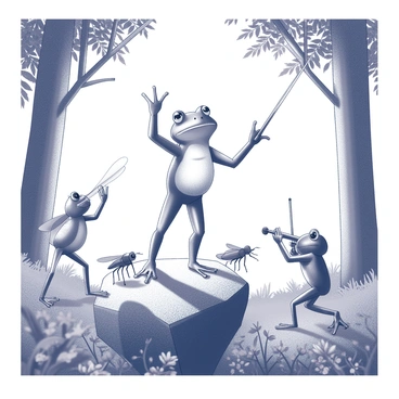 A frog stands confidently on a moss-covered rock, conducting an orchestra of various insects in a lush forest setting. The frog, with its glossy skin and wide eyes, raises its arms in a dramatic gesture, guiding the performance. Surrounding the frog are a variety of insects: crickets playing violins, dragonflies holding flutes, and beetles tapping on small drums. Tall trees frame the scene, their leaves providing a natural canopy above, while delicate ferns and wildflowers fill in the forest floor. Sunlight filters through the branches, casting intricate shadows and highlighting the vibrant activity of the insect musicians.
