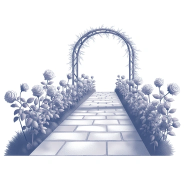 A stone pathway stretches out through a garden. The pathway is bordered by numerous roses in full bloom, showcasing intricate petals and detailed textures. Each rosebush is carefully trimmed, creating a neat and organized line along the path. At the end of the pathway, there is a garden archway made of intertwined branches, providing an inviting entrance into a lush garden. The archway is supported by vertical posts and is adorned with climbing plants that enhance its natural look.