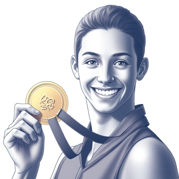 A close-up of an athlete's face. The athlete has a broad smile, showcasing excitement and pride. Their skin is glistening with sweat from the competition, highlighting their determination. The athlete is holding a shiny gold medal up to the camera with one hand. The medal is large and prominently displayed, gleaming under the light. Tiny details on the medal, such as the texture and engraved designs, can be seen clearly. The background is out of focus, emphasizing the athlete and the medal in the foreground.