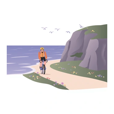 A digital flat illustration depicting a scenic bike ride along a coastal path. On the left side of the image, the ocean is visible with gentle waves lapping at the shore, reflecting a bright blue sky. On the right side, there are rugged cliffs showcasing various shades of gray and brown, with patches of green vegetation adorning the cliff faces. A cyclist is riding along the path, wearing a bright helmet and colorful cycling gear, with a focused expression on their face. The path is lined with small wildflowers in vibrant colors, adding splashes of color to the scene. A few seagulls are flying above the ocean, completing the coastal atmosphere.