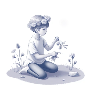 A child sitting on a grassy patch in a meadow. The child is focused on crafting a flower crown. They are holding a cluster of freshly picked flowers in one hand and weaving them together with careful attention. Surrounding the child are various wildflowers, with different shapes and sizes, swaying gently in the breeze. The sun is shining down, creating a warm atmosphere. There are hints of nature, including patches of green grass and a few scattered rocks in the background.