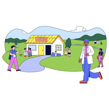 A doctor wearing a white coat and stethoscope is walking into a small village clinic. The clinic has a simple wooden sign that reads "Clinic" above the entrance. Surrounding the clinic are a few modest houses with thatched roofs and small gardens. The doctor carries a medical bag in one hand. In the background, a lush green landscape stretches out with a few trees and rolling hills. There are a couple of villagers in traditional attire observing the doctor as he arrives.